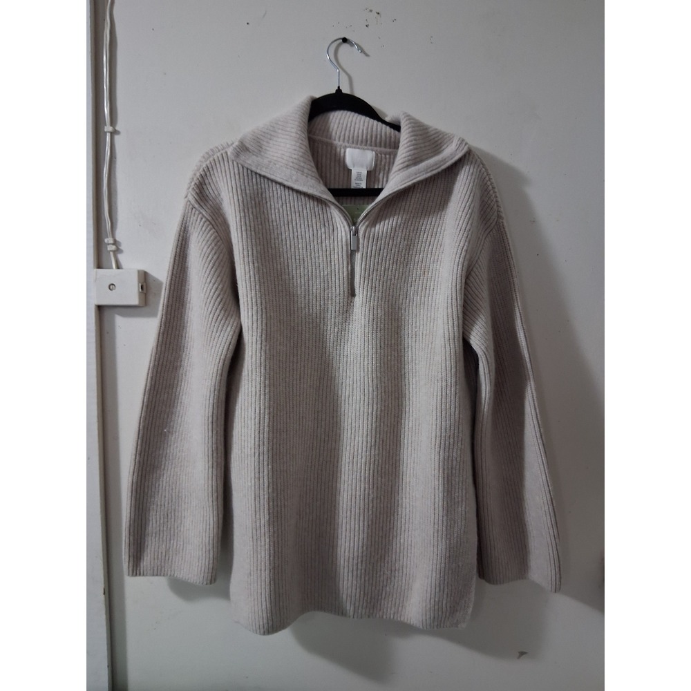 HM Womens Beige Ribbed Knit Quarter Zip Sweater Conscious Choice XS NEW